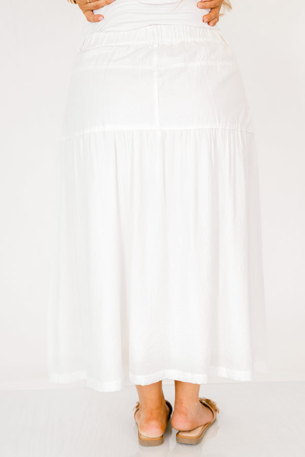Chic Soul plus size clothing, off white flowy maxi skirt with two front pockets and a button 