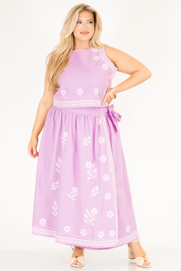 Chic Soul plus size clothing, light purple wrap maxi straight cut skirt with white embroidery flower detailing
