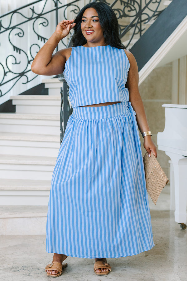 Plus Size blue and white striped cotton faux wrap maxi skirt with a gathered waist.
