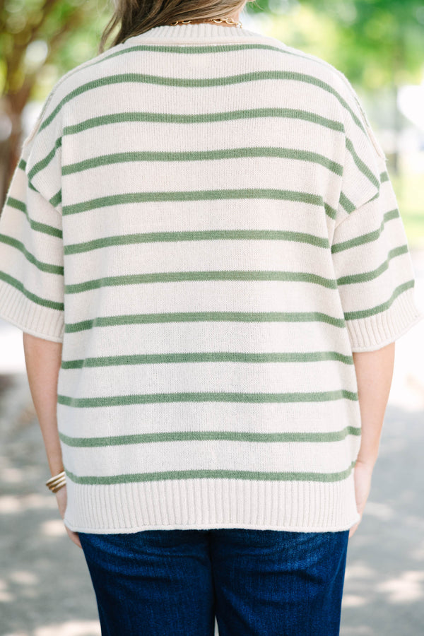 Plus size cream and green striped Everyday Joy Sweater with a relaxed fit and short sleeves.