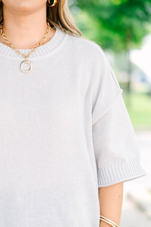 Plus size Everyday Joy Sweater in heather gray with a flowy fit, short sleeves, and ribbed hem.