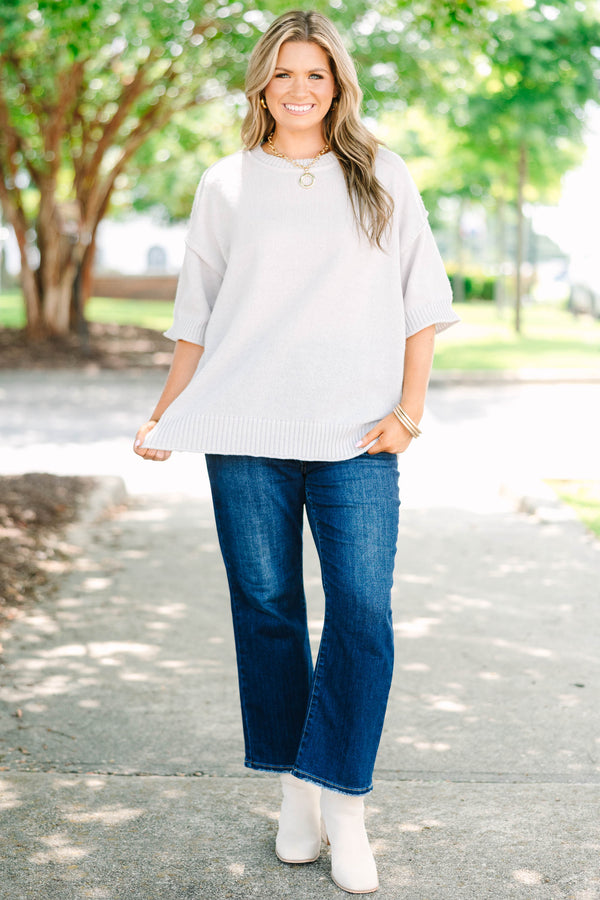 Plus size Everyday Joy Sweater in heather gray with a flowy fit, short sleeves, and ribbed hem.