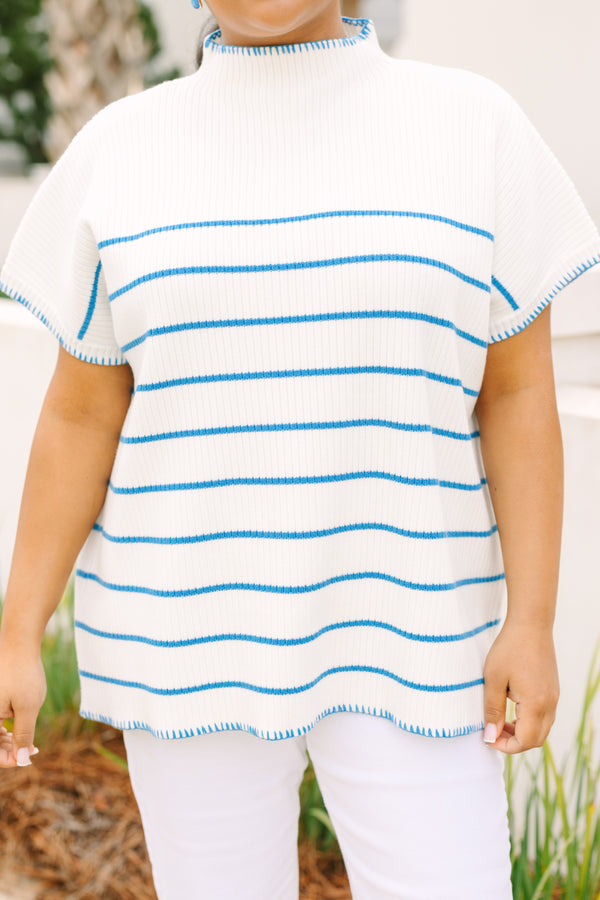 Chic Soul plus size clothing, white short sleeve turtle neck sweater with blue thin horizontal stripes