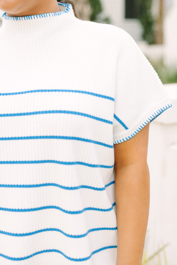 Chic Soul plus size clothing, white short sleeve turtle neck sweater with blue thin horizontal stripes