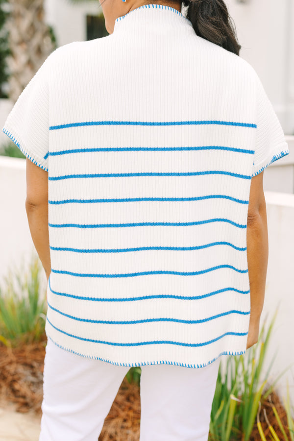 Chic Soul plus size clothing, white short sleeve turtle neck sweater with blue thin horizontal stripes