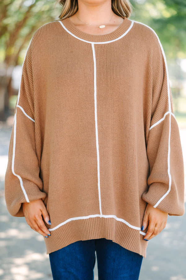 Plus Size brown oversized knit sweater with white contrast piping and a crew neckline.