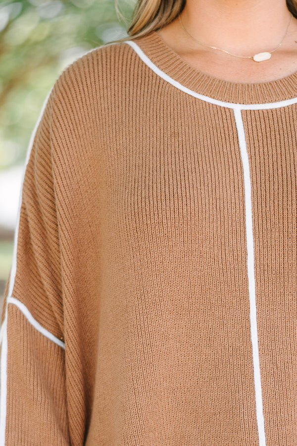 Plus Size brown oversized knit sweater with white contrast piping and a crew neckline.