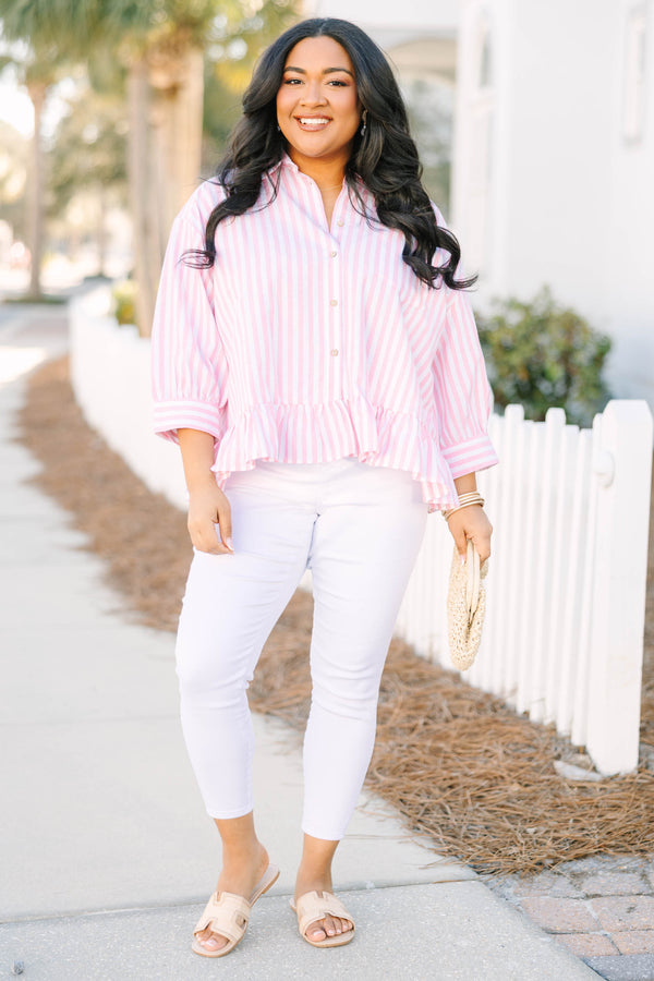 Chic Soul plus size clothing, pink striped button-up top with a ruffle detail going along the bottom of the top with half sleeves that have a cuff on each end 