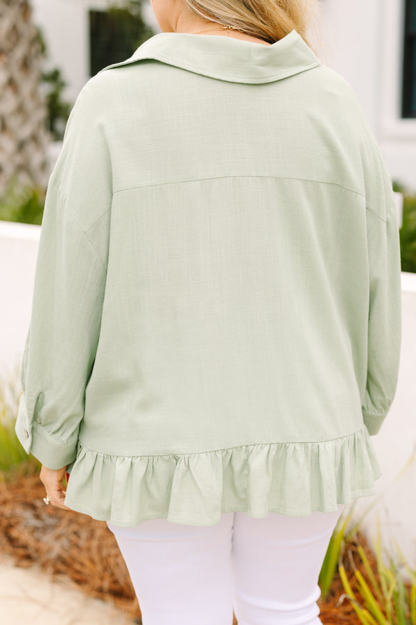 Chic Soul plus size clothing, sage button up long sleeve top with a ruffle detail on the bottom of the top and a collar 