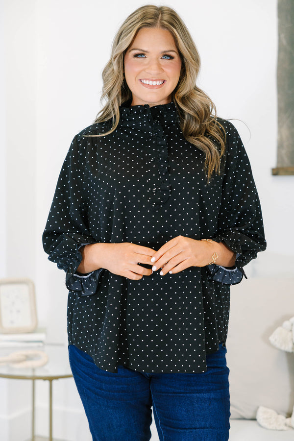 Plus size clothing, black polka dot long sleeve blouse with ruffle detail