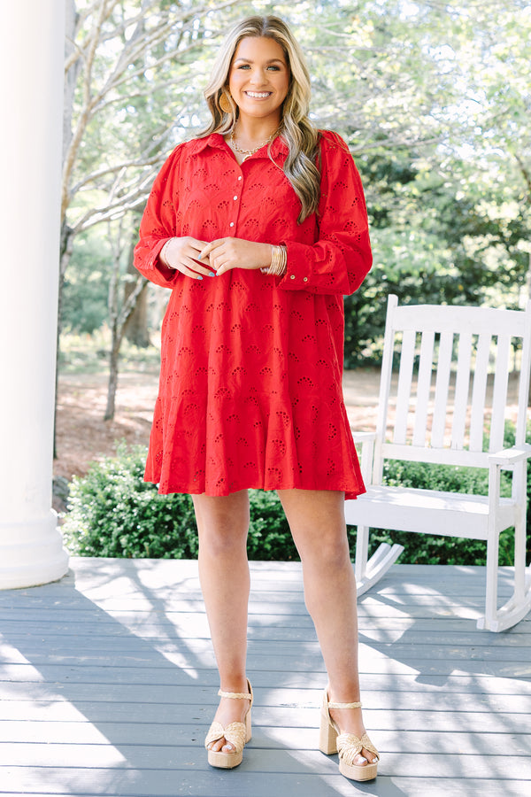 Chic Soul plus size clothing, red long sleeve eyelet fabric baby doll dress with ruffle hem and button up collar 