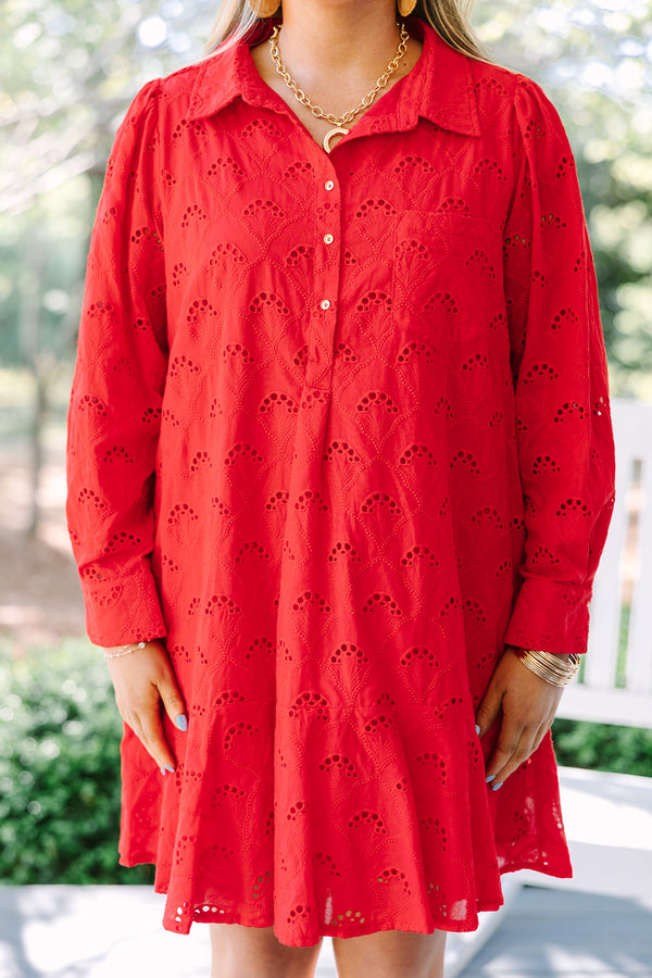 Chic Soul plus size clothing, red long sleeve eyelet fabric baby doll dress with ruffle hem and button up collar 