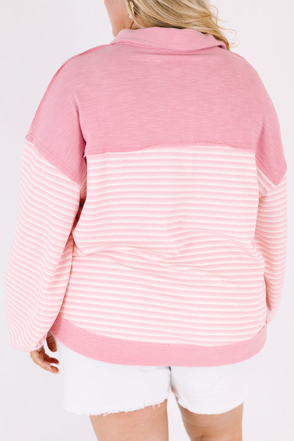 Chic Soul plus size clothing, pink striped long sleeve pullover with a solid pink stripe at the end of each sleeve on the bottom of the pullover and along the button-up neckline as well as a collar 