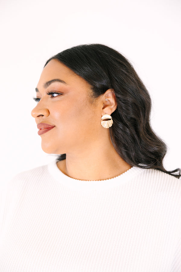 Chic Soul plus size clothing, gold stud earrings with a ruffled metal texture on the bottom and shiny gold top 