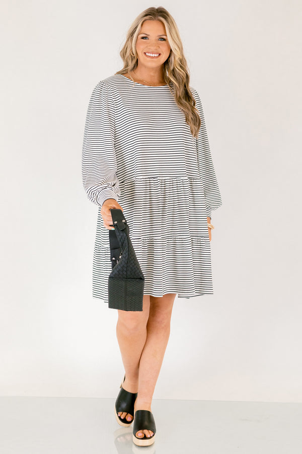 Chic Soul plus size clothing, black and white thin horizontal stripe long sleeve tiered baby doll dress