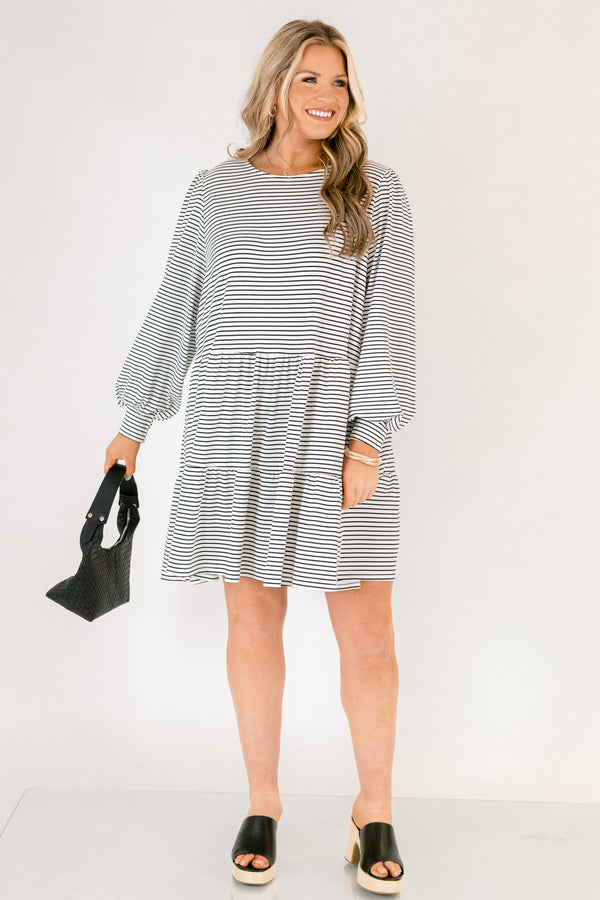 Chic Soul plus size clothing, black and white thin horizontal stripe long sleeve tiered baby doll dress