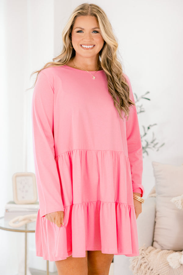 Chic Soul plus size clothing, bubblegum pink long sleeve short babydoll tiered skirt dress