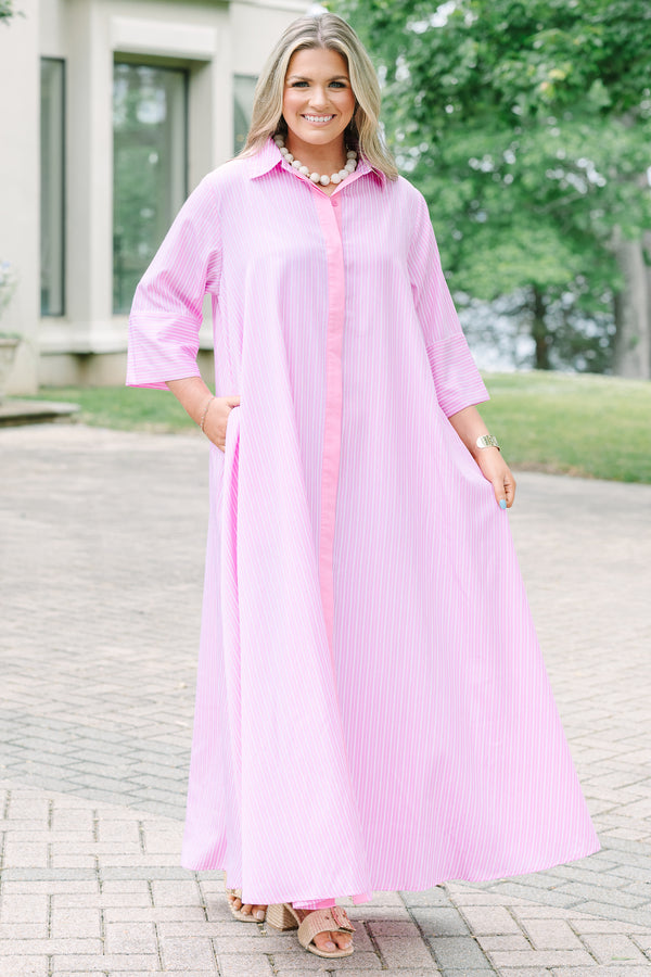 Chic soul plus size clothing, Light pink striped maxi shirt dress with quarter sleeves and a button-down front.