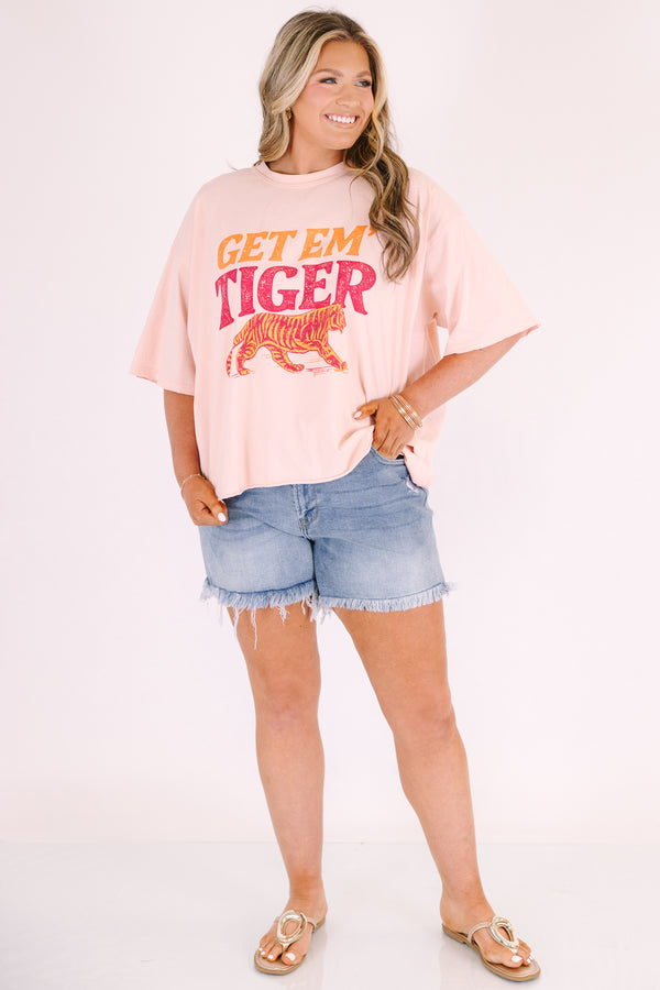 Chic Soul plus size clothing, light blush pink short sleeve slightly cropped tee with “Get em tiger” in pink and orange vintage style font and and pink and orange tiger graphic below the text 
