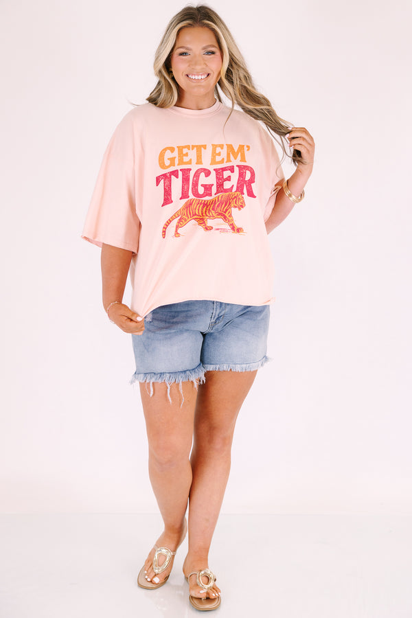 Chic Soul plus size clothing, light blush pink short sleeve slightly cropped tee with “Get em tiger” in pink and orange vintage style font and and pink and orange tiger graphic below the text 
