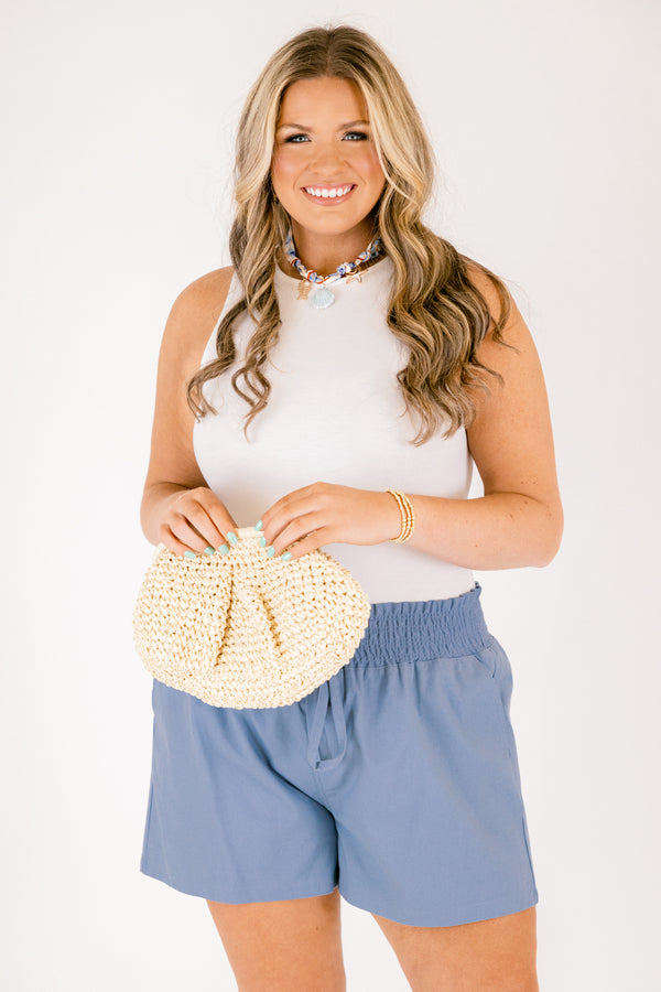 Chic Soul plus size clothing, cornflower blue stretchy elastic waistband drawstring shorts