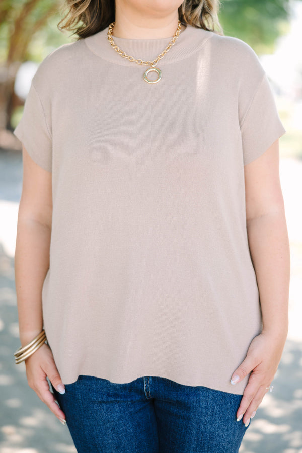 Plus Size taupe short sleeve knit sweater with a crew neckline and relaxed fit.