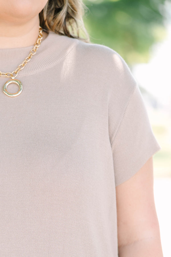 Plus Size taupe short sleeve knit sweater with a crew neckline and relaxed fit.