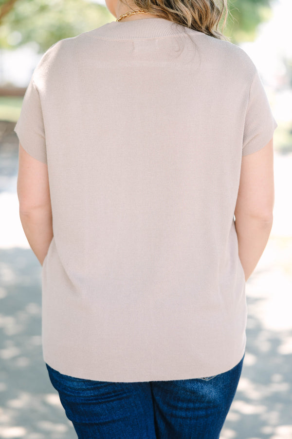 Plus Size taupe short sleeve knit sweater with a crew neckline and relaxed fit.