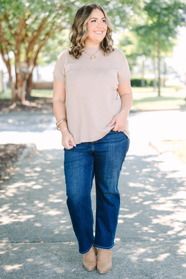 Plus Size taupe short sleeve knit sweater with a crew neckline and relaxed fit.