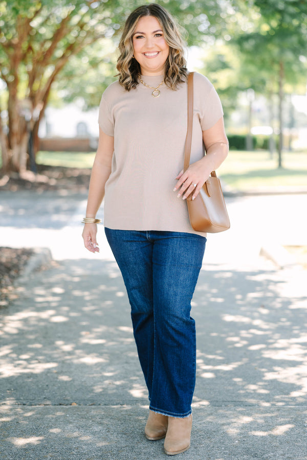 Plus Size taupe short sleeve knit sweater with a crew neckline and relaxed fit.