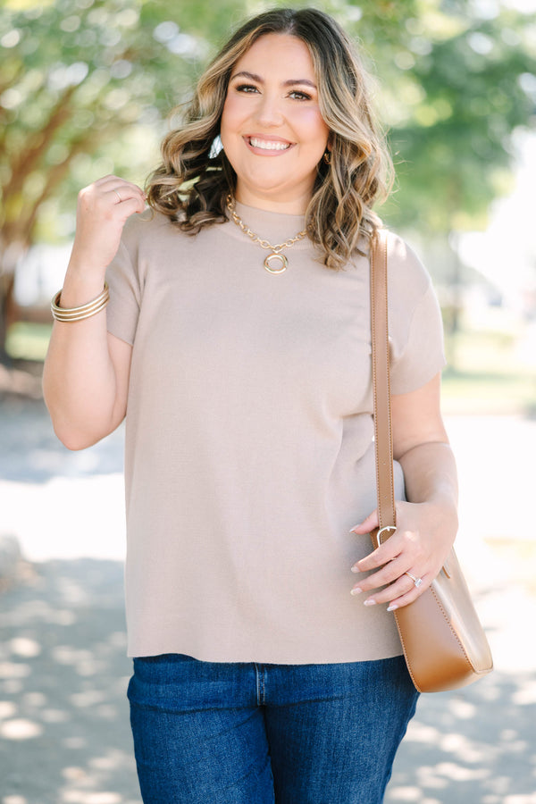 Plus Size taupe short sleeve knit sweater with a crew neckline and relaxed fit.