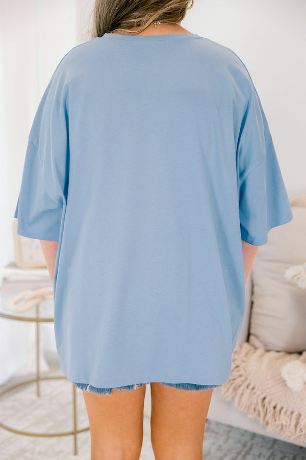 Chic Soul plus size clothing, blue short sleeve boyfriend tee with tiger graphic and 