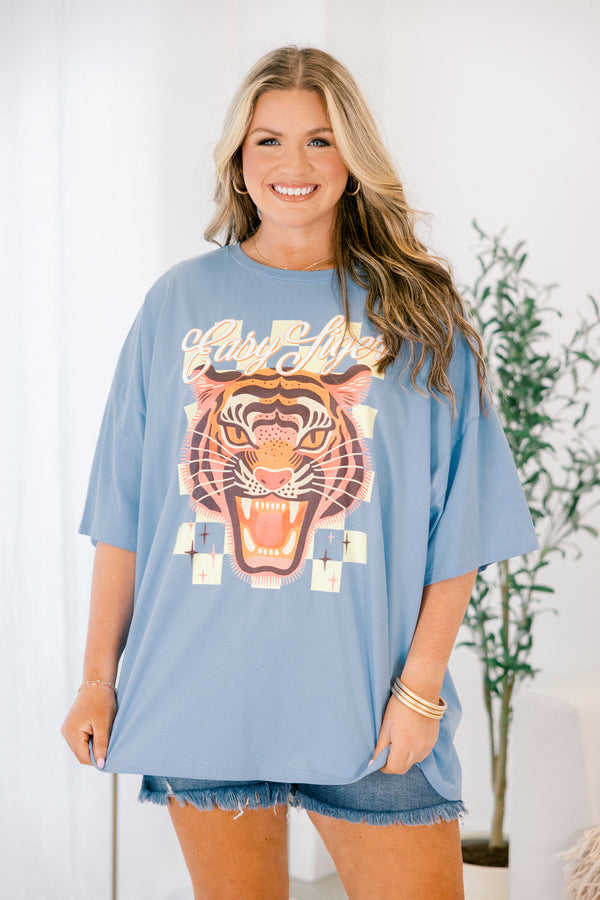 Chic Soul plus size clothing, blue short sleeve boyfriend tee with tiger graphic and 
