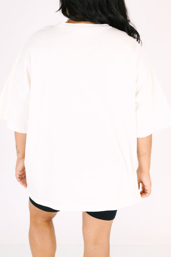 Chic Soul plus size clothing, ivory short sleeve graphic tee with the words 