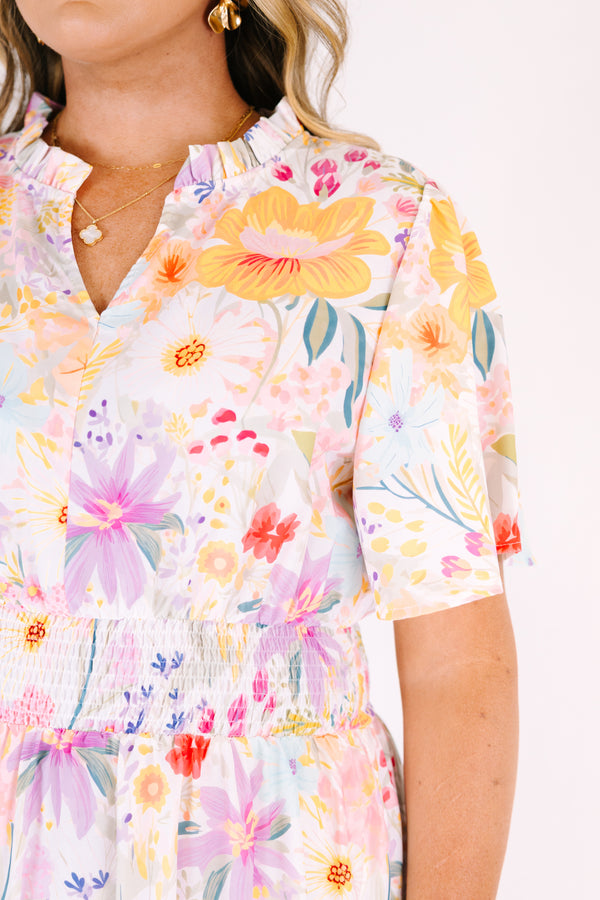 Chic Soul plus size clothing, white maxi dress with short sleeves a cinched waist a slight v-neckline and a multi-color floral pattern throughout 
