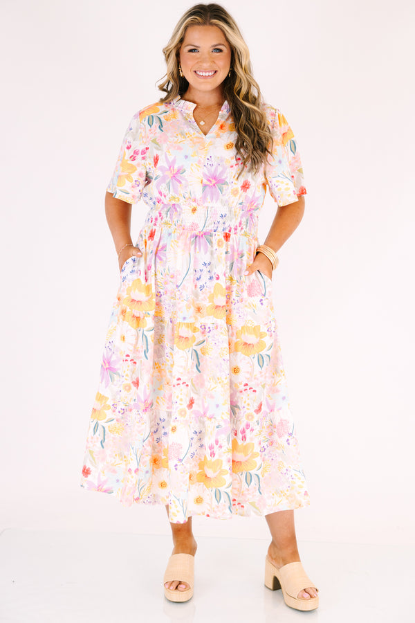 Chic Soul plus size clothing, white maxi dress with short sleeves a cinched waist a slight v-neckline and a multi-color floral pattern throughout 
