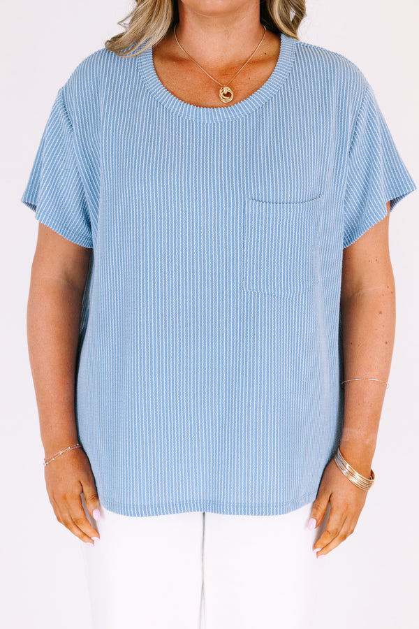 Plus Size dusty blue ribbed short sleeve top with a round neckline and a single chest pocket.