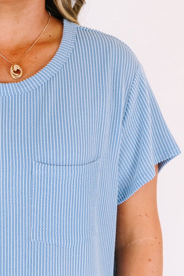 Plus Size dusty blue ribbed short sleeve top with a round neckline and a single chest pocket.