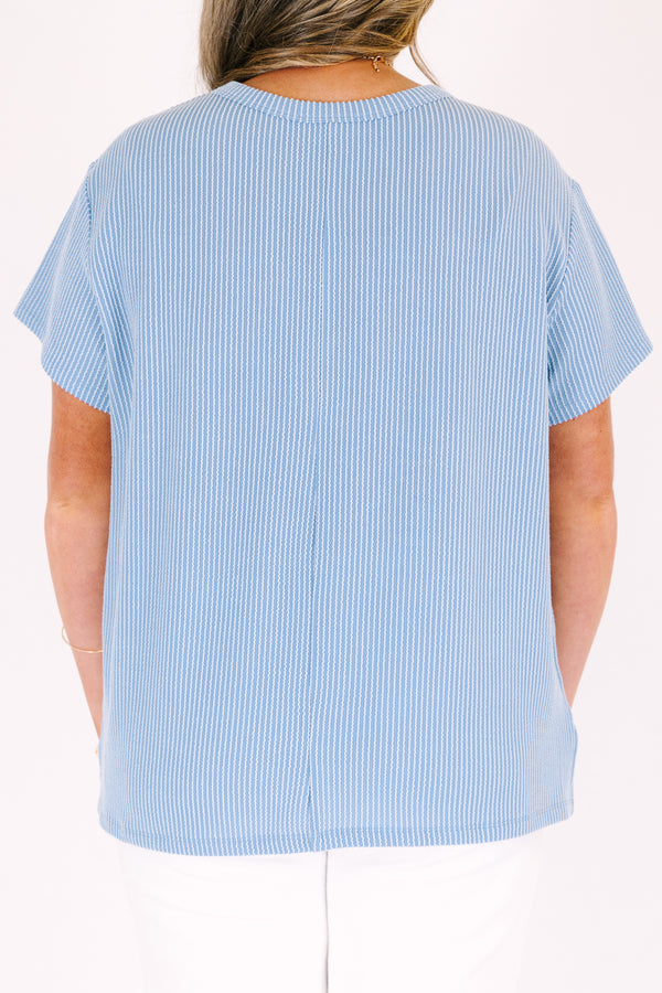 Plus Size dusty blue ribbed short sleeve top with a round neckline and a single chest pocket.