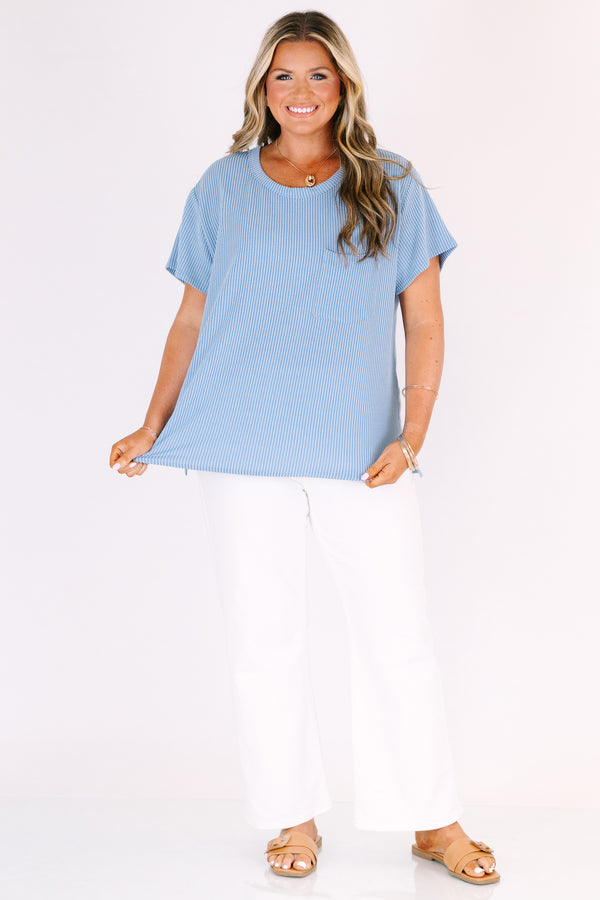 Plus Size dusty blue ribbed short sleeve top with a round neckline and a single chest pocket.