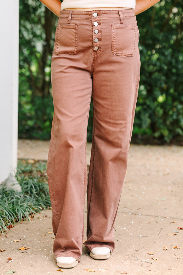 Plus Size wide-leg espresso brown jeans with a button-up fly and front patch pockets.