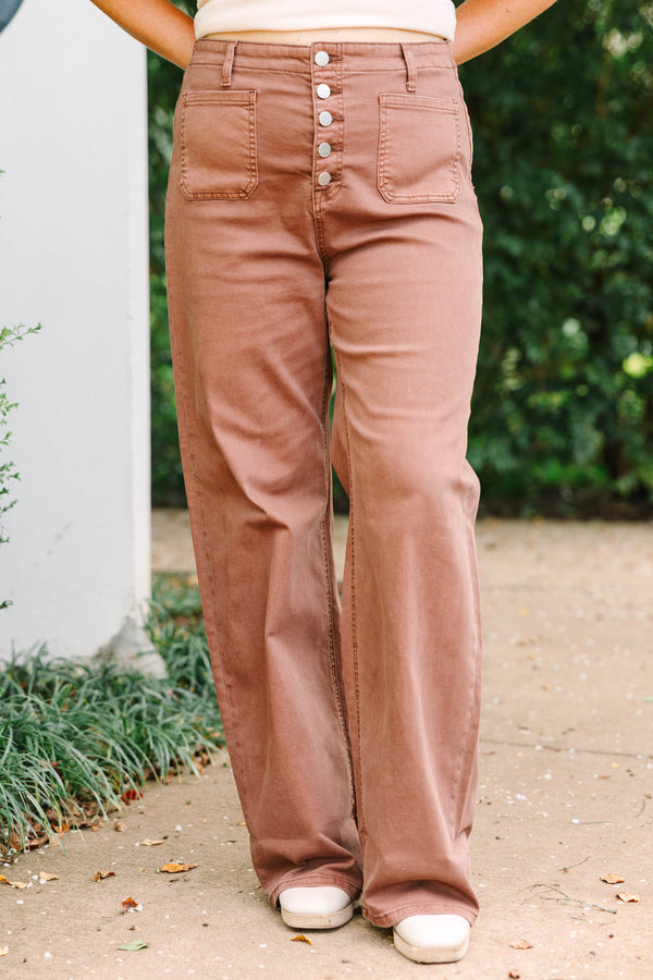 Plus Size wide-leg espresso brown jeans with a button-up fly and front patch pockets.