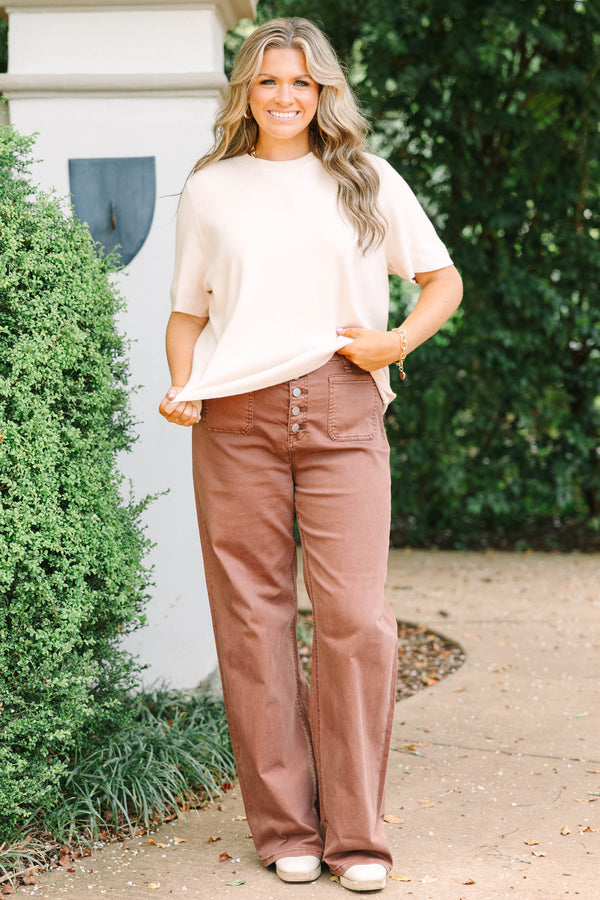Plus Size wide-leg espresso brown jeans with a button-up fly and front patch pockets.