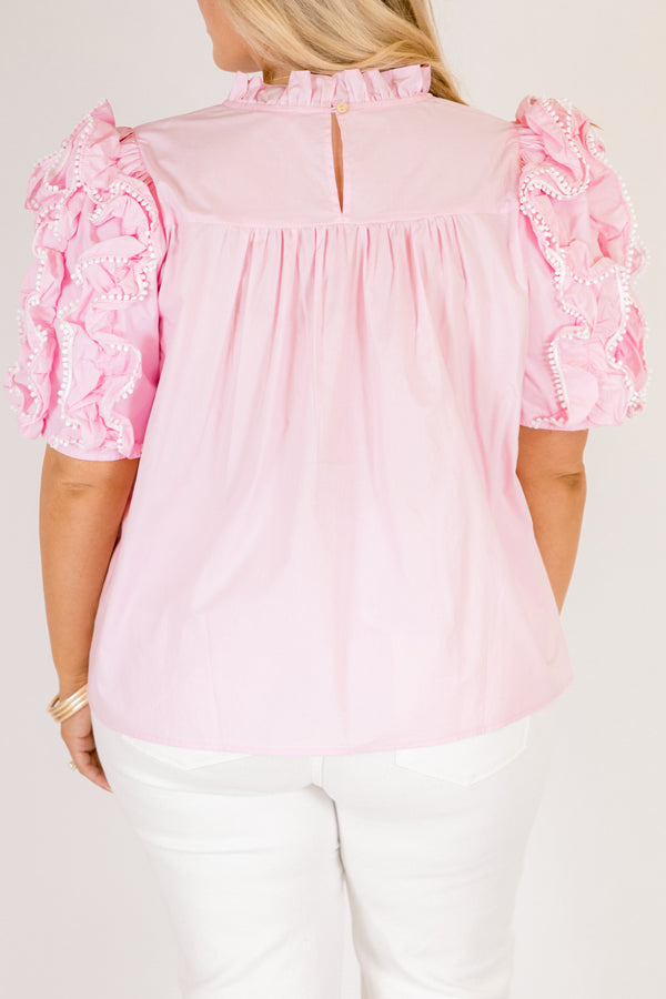 Chic Soul plus size clothing, light pink top with short sleeves that have ruffle detailing throughout the sleeve as well as a small ruffled collar 