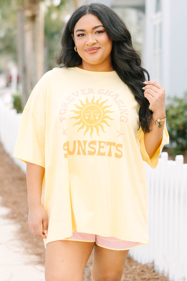 Chic Soul plus size clothing, butter yellow short sleeve boyfriend tee with 