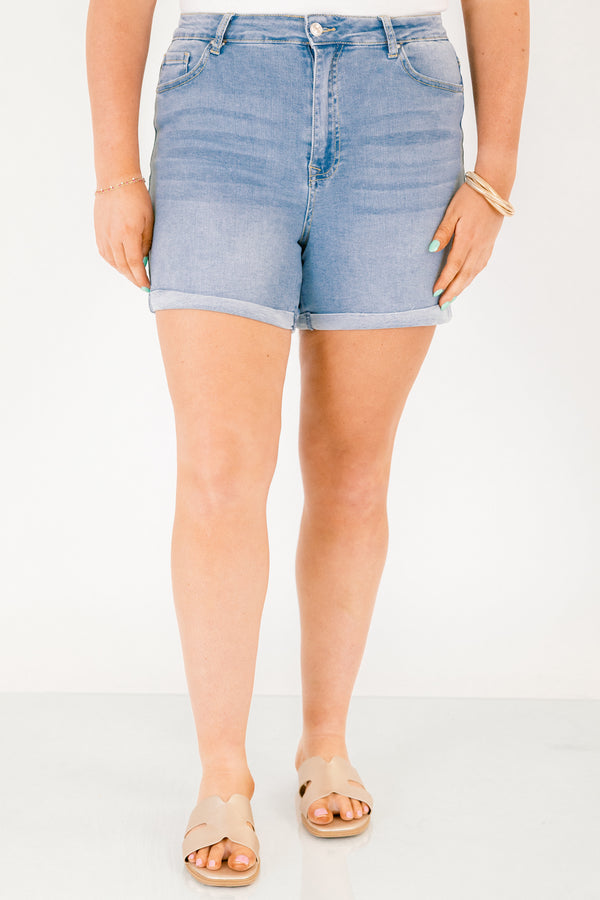 Chic Soul plus size clothing, light wash mid thigh length denim shorts with a rolled cuff hem