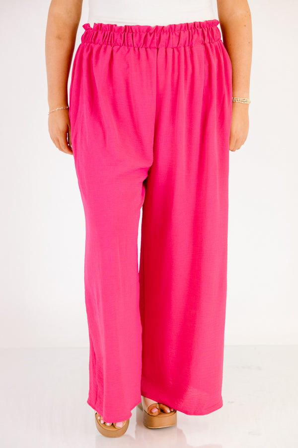 Chic Soul plus size clothing, hot pink elastic waistband flowy straight leg pants