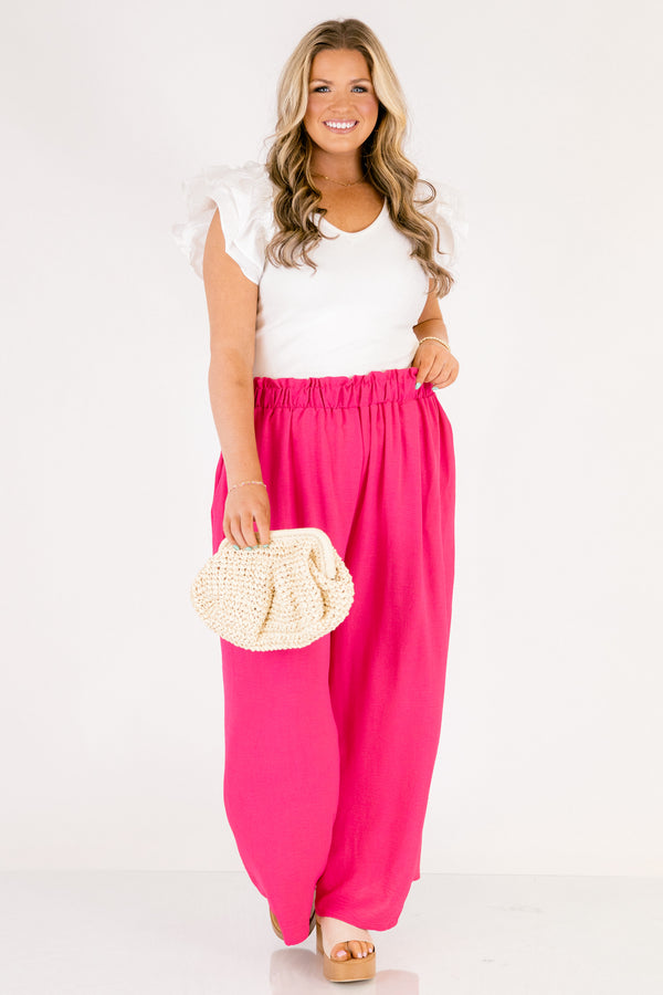 Chic Soul plus size clothing, hot pink elastic waistband flowy straight leg pants