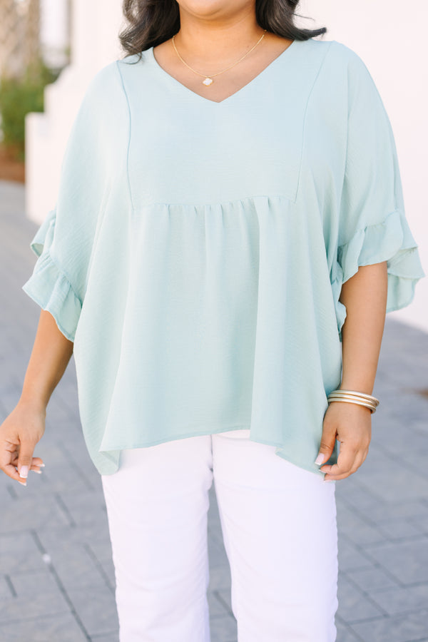 Chic Soul plus size clothing, light green short sleeve babydoll top with ruffle sleeves