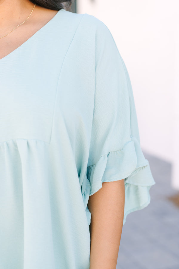 Chic Soul plus size clothing, light green short sleeve babydoll top with ruffle sleeves